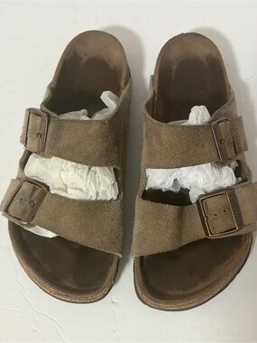Birkenstock women’s Double-Buckle Suede Sandals in Taupe Brown